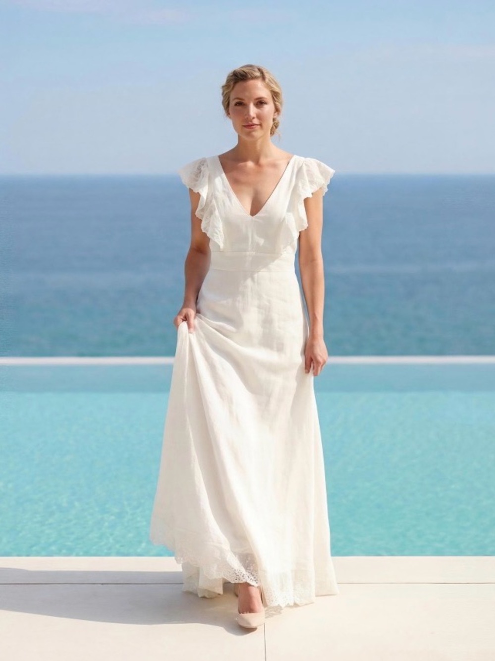 White V-Neck Linen Backless Wedding Dress